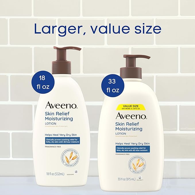 Aveeno Skin Relief Moisturizing Lotion for Very Dry, Itchy, Dry Skin, Body Moisturizer, Soothing Triple Oat & Shea Butter, Fragrance-Free, Non-Greasy, 33 fl oz-VivaGrace Women