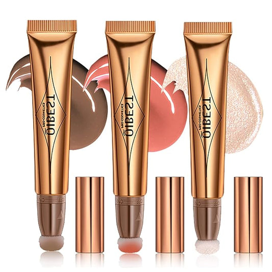 3PCS Liquid Contour Beauty Wand, Liquid Blush Highlighter Makeup Stick with Applicator, Cream Bronzer Stick Natural Matte Finish, Lightweight Blendable Cream Contour Highlighter Blush Wand-VivaGrace Women