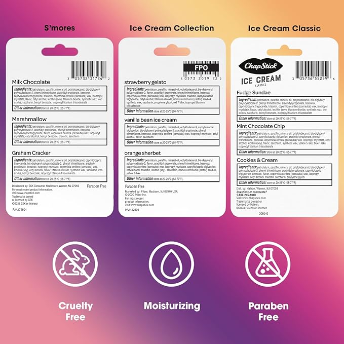 ChapStick Lip Balm, Ice Cream Collection 3-Pack, Ice Cream Classics 3-Pack + S’mores Collection – Fun & Flavorful Lip Care, Birthday Gift, Party Favors, Stocking Stuffers, 0.15 Oz Ea-VivaGrace Women