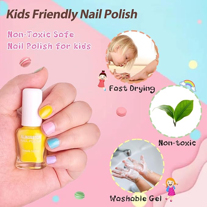 Kids Nail Polish - Non-Toxic Nail Polish Set for Girls, 10 Pastel Macaron Colors Quick Dry Peel Off Water Based Nail Polish Toys Kit for Toddler Teen