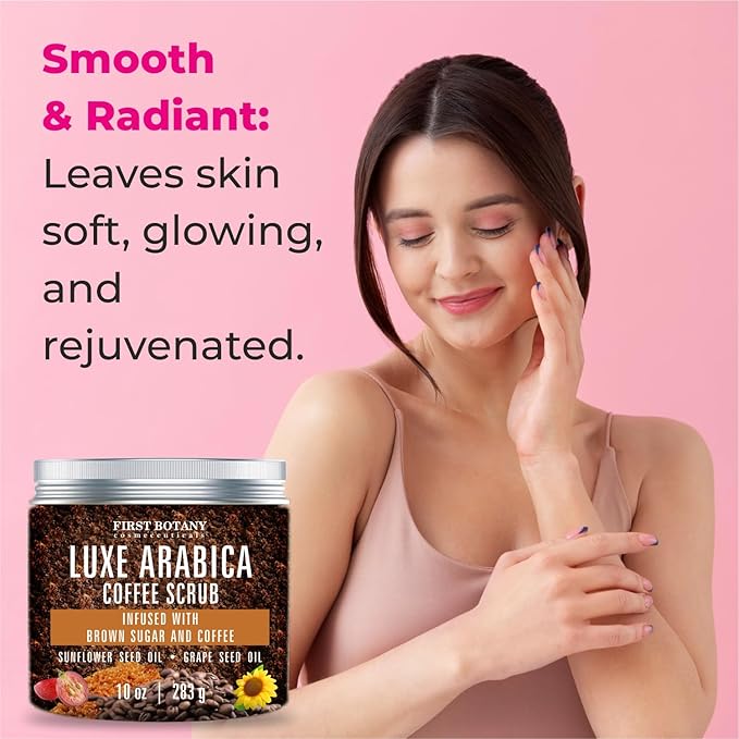 First Botany Body Scrub - Natural Exfoliating Sugar Scrub & Body and Face Souffle helps with Moisturizing Skin, Acne, Cellulite, Dead Skin Scars, Wrinkles (10 fl oz, Brown Sugar + Coffee)-VivaGrace Women