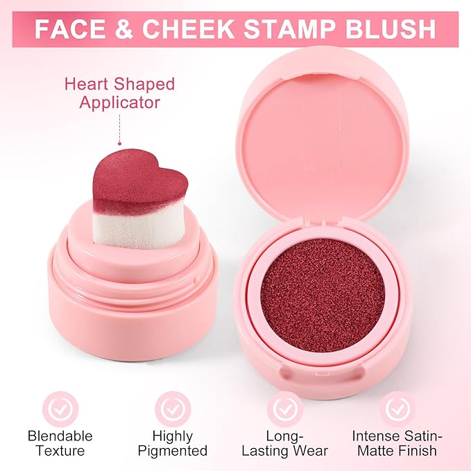 Boobeen Liquid Blush for Cheeks, Buildable & Blendable Face Blusher, Cheek Stamp Blush with Heart-shaped Applicator, Lightweight Air Cushion Blush for Velvet Matte Finish-VivaGrace Women