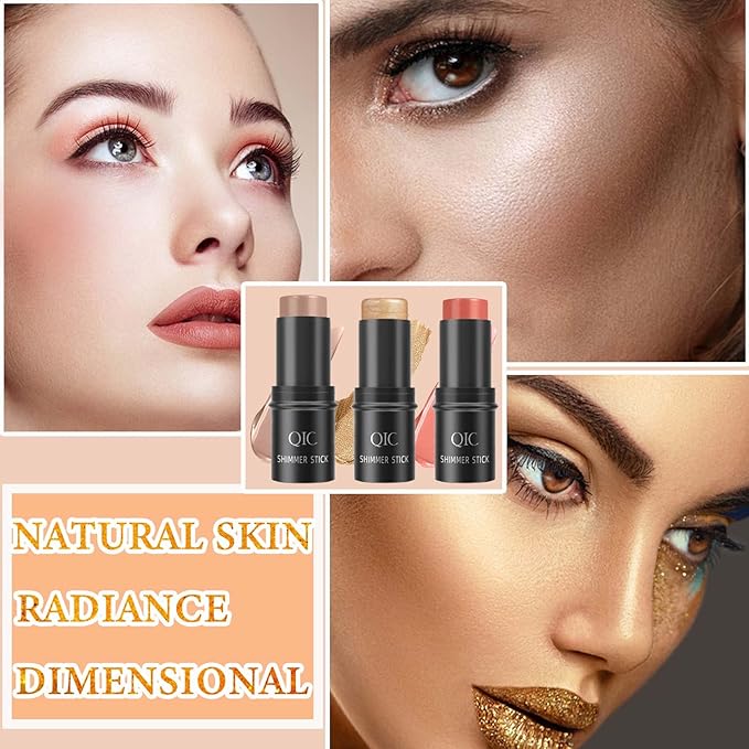3 PCS Cream Contour Blush Stick,Long Lasting Waterproof Blush Stick for Cheeks&Lips Multipurpose Face Highlighting Concealing Cream,Shimmer Contour Stick Makeup for Women-VivaGrace Women