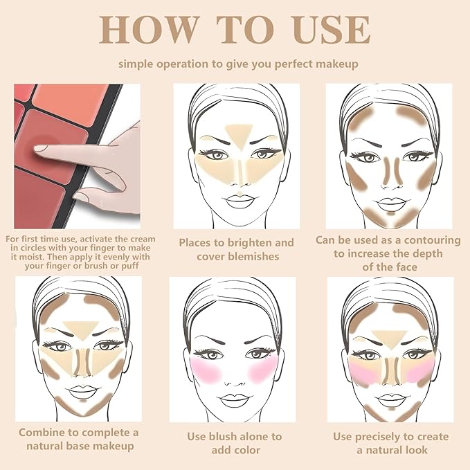 12 Colors Cream Blush Palette, Color Correcting Concealer Foundation Palette, Long Wearing Smudge Proof Blendable Matte Finish Blush Powder Highlighter and Cream Contour Palette Makeup (01)-VivaGrace Women