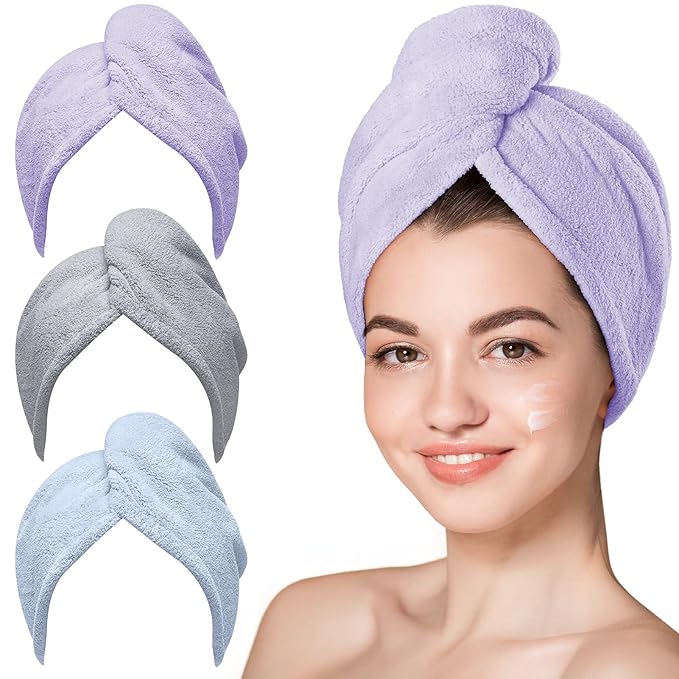 Hicober Microfiber Hair Towel, 3 Packs Hair Turbans for Wet Hair, Drying Hair Wrap Towels for Curly Hair Women Anti Frizz(Purple, Blue, Grey)-VivaGrace Women
