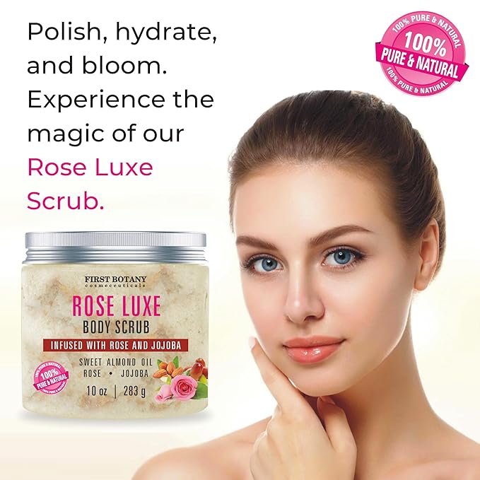First Botany Body Scrub - Natural Exfoliating Salt Scrub & Body and Face Souffle helps with Moisturizing Skin, Acne, Cellulite, Dead Skin Scars, Wrinkles (10 fl oz, Rose)-VivaGrace Women