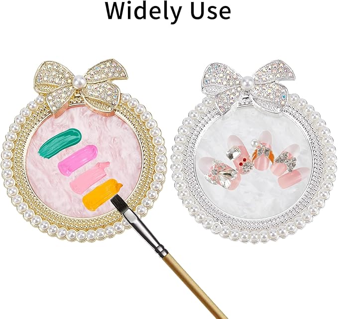 NICENEEDED 2 PCS Resin Nail Art Palette, Nail Art Painting Mixed Color Makeup Palette with Pearls, Rhinestone Bowknot Edge Nail Polish Palettes Nail Art Display Board for Nail Salon-VivaGrace Women