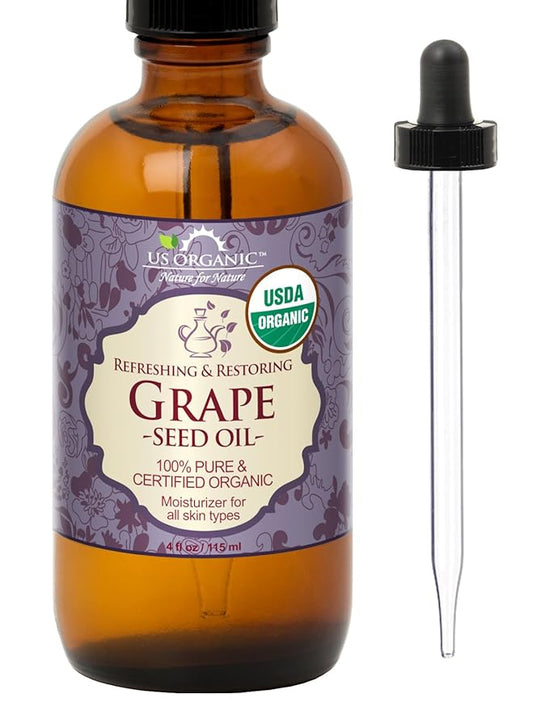 US Organic Grape Seed Oil, USDA Certified Organic, 100% Pure & Natural, Cold Pressed Virgin, Unrefined, in Amber Glass Bottle w/Glass Eye dropper for Easy Application (4 oz (115 ml))-VivaGrace Women