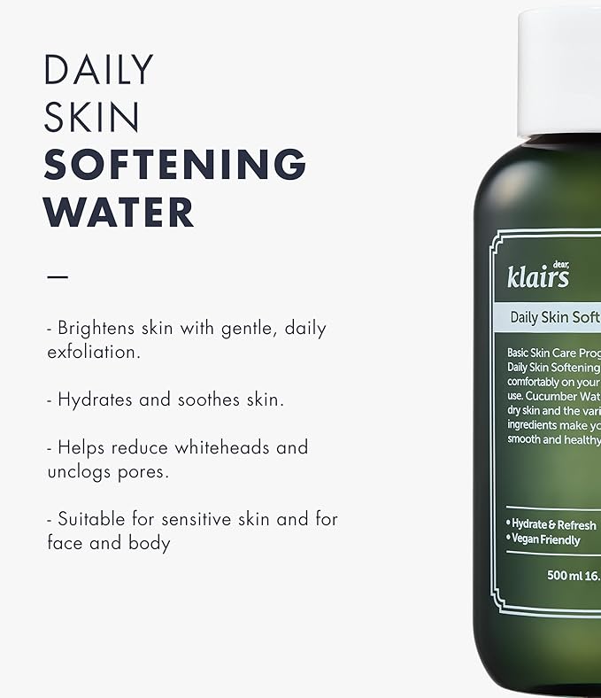 [DearKlairs] Daily Skin Softening Water, Toner, Jumbo 16.90 Fl Oz, Skin Refining Cucumber Essence, Daily mild exfoliator-VivaGrace Women