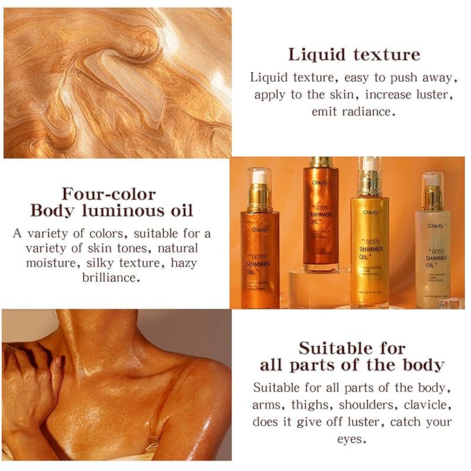 Shimmer Body Oil,Face and Body Liquid Luminizer,Waterproof Moisturizing Light Shimmer Glow Illuminator,Smooth Body Shimmer,Liquid Highlighter Makeup (Golden Brown)-VivaGrace Women