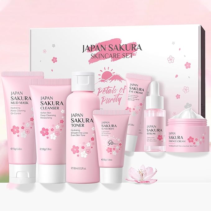 Skin Care Set JAPAN-SAKURA Women Beauty Gift Sets Skin Care Kit, Self-Care Skincare Set: Cleanser,Toner,Serum,Cream,Mud Mask,Eye Cream,Sunscreen, Facial Kit for Women Teen Girls Mom Daughter 7pcs-VivaGrace Women