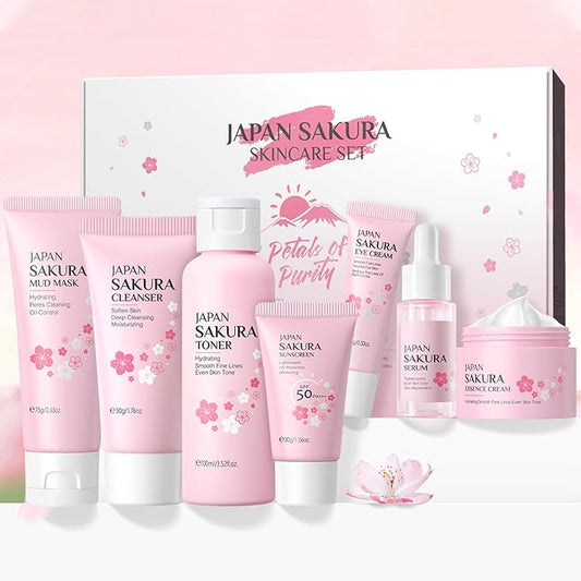 Skin Care Set JAPAN-SAKURA Women Beauty Gift Sets Skin Care Kit, Self-Care Skincare Set: Cleanser,Toner,Serum,Cream,Mud Mask,Eye Cream,Sunscreen, Facial Kit for Women Teen Girls Mom Daughter 7pcs-VivaGrace Women