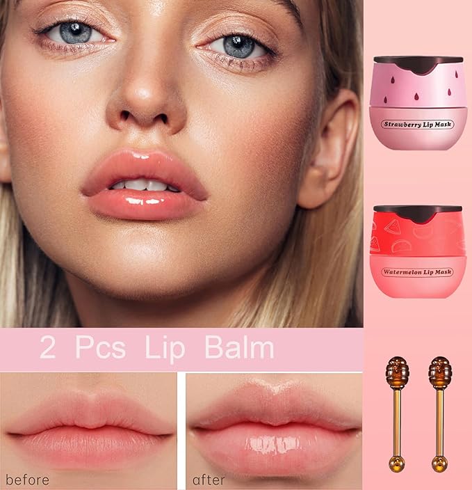 2 PCS Bee Lip Balm Honey Pot, Bee Lip Balm Sleeping Lip Mask Overnight with Sticks, Honey Pot Lip Balm Hydrating Exfoliating Prevention Dry and Crack Lip Scrubs-VivaGrace Women
