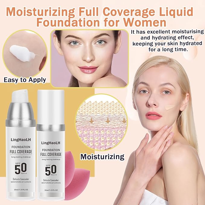 2PCS Color Changing Foundation Makeup Set with 2 Makeup Sponges,Moisturizing Full Coverage Liquid Foundation for Women,Non-greasy Long Lasting Flawless Concealer Cream Makeup Foundation Set-VivaGrace Women