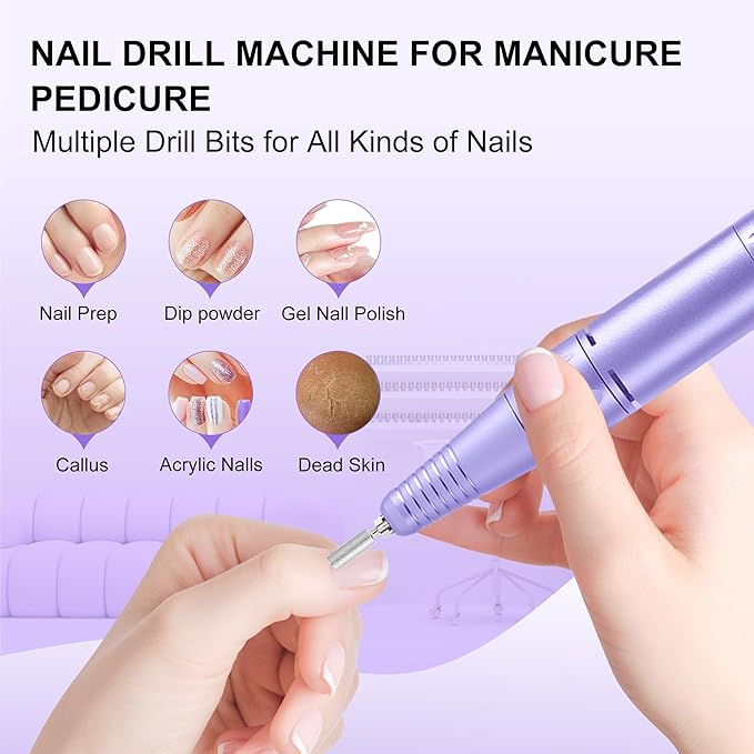 Professional Electric Nail Drill File:COSYGLOW Glitter Portable Cordless E-File Nail Drill Kit with 11 Drill Bits,30000 RPM Rechargeable Nail Drills Machine for Acrylic Nails Gel Polishing(Purple)-VivaGrace Women