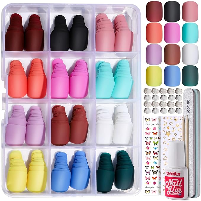 Teenitor Short Square Press On Nails Set, 12 Colors Short Fake Nails With Glue, 12 Sizes Glue On Nails