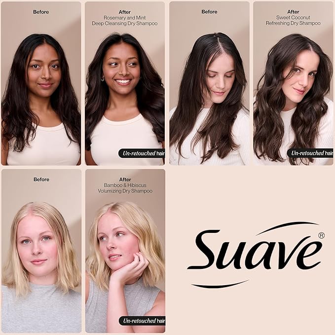 Suave+ Dry Shampoo Spray Variety 3-Pack – Invigorating Rosemary & Mint, Volumizing Bamboo & Hibiscus + Refreshing Sweet Coconut, 4.3 Oz Ea-VivaGrace Women