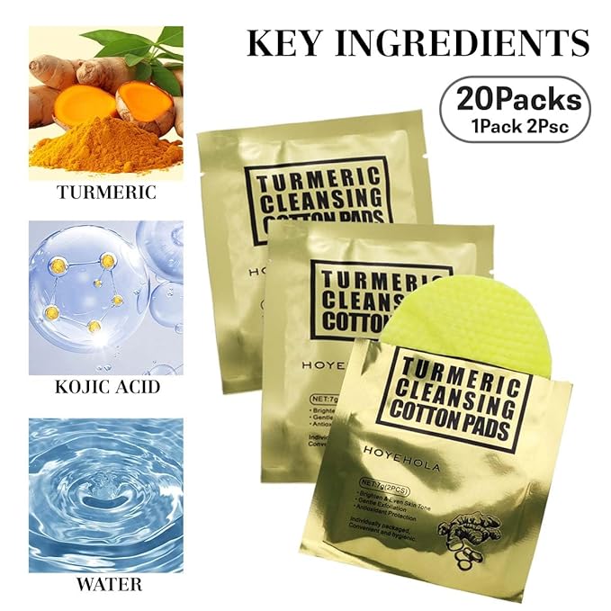 Turmeric Kojic Acid Cleansing Face Pads: 20Packs(40Pads) Individually Wrapped Exfoliating Turmeric Pads for Deep Cleansing Dark Spots