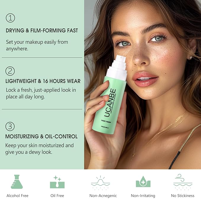 Dewy Makeup Setting Spray Kit-3.38 Fl oz Hydrating Illuminating Finishing Spray Lightweight Face Mist All Day Long Make up Fixer +2PCS Sponge Puff, Hydrate Skin for a Bright Look-VivaGrace Women