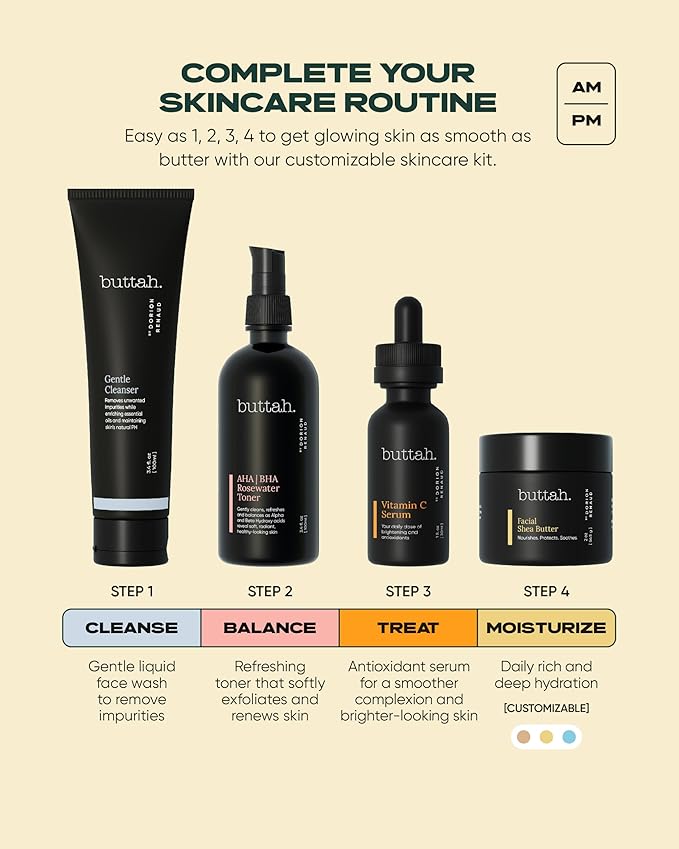 Buttah Skin Supreme Kit for Melanin Rich Skin | Facial Shea Butter 2 oz | Vitamin C Serum 1 oz | Cleanser 3.4 oz | Rosewater Toner 3.4 oz | Black Owned Skincare-VivaGrace Women