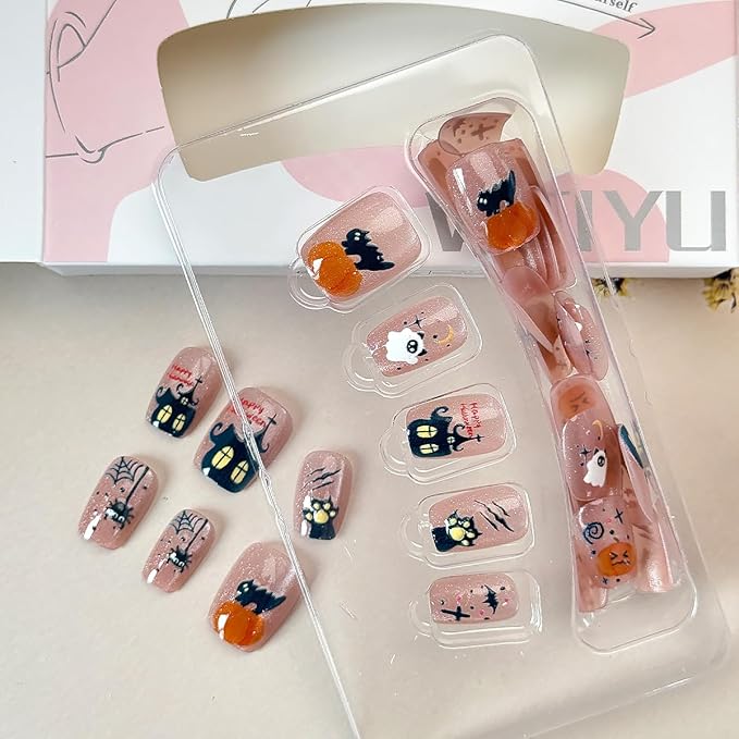 30Pcs Cute Cat Press on Nails Short Halloween Fake Nails with Goth Spider Web Pumpkin Bat Ghost Designs Pink Cat False Nails Full Cover Artificial Glue on Nails Star Stick on Nails for Women DIY