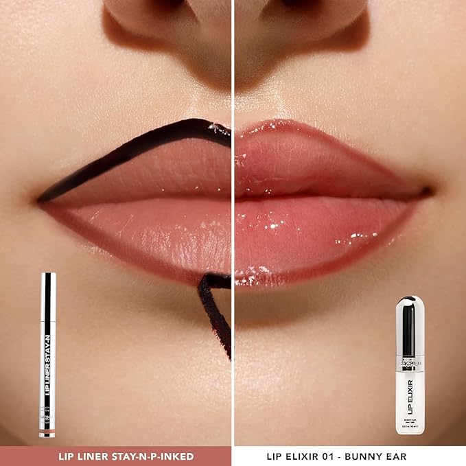 Sacheu Lip Liner STAY-N & Lip Elixir Bundle — Long Lasting Matte Lip Tattoo, Transfer Proof Lipstain Infused with Hyaluronic Acid & Vitamin E, for All Skin Types — P-inked and Clear