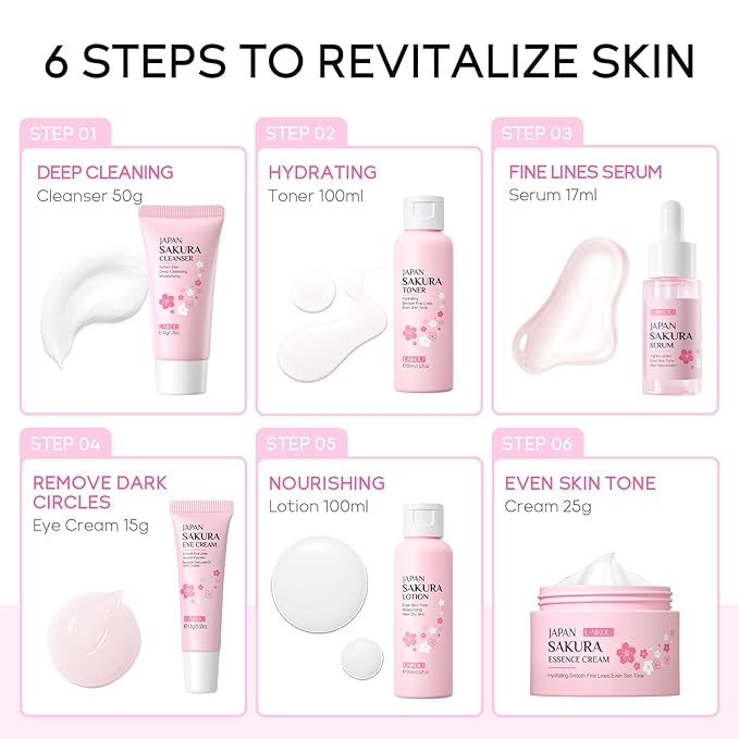 Skin Care Set JAPAN SAKURA Women Beauty Gift Sets Skin Care Kit with Cleanser, Toner, Lotion, Serum, Eye Cream, Face Cream Travel Kit for Women Teen Girls Mom Daughter TSA-friendly Sizes 6pcs-VivaGrace Women