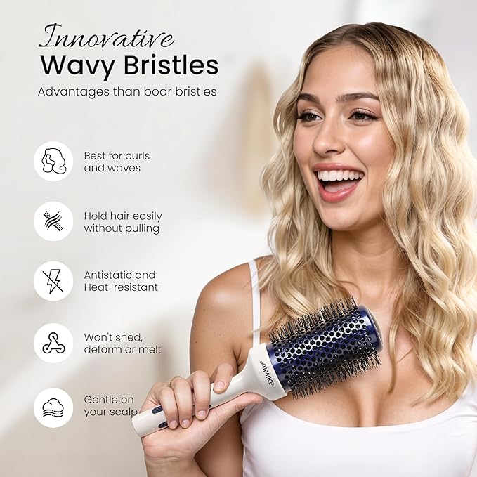 AIMIKE Nano Ionic Tech Large Round Brush, Ceramic Round Brush for Blow Drying, Styling and Boost Volume, Natural Wood Round Hair Brush, One Piece Design - 2 Inch/52mm-VivaGrace Women
