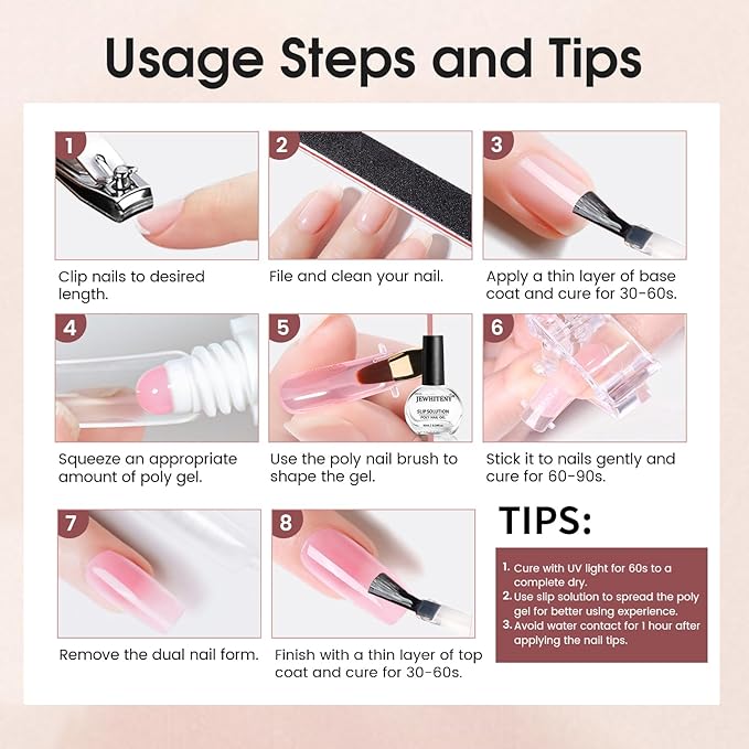 JEWHITENY Poly Extension Gel Nail Set Clear Pink Poly Nail Gel With Slip Solution Base Coat Top Coat French Manicure Need U V Lamp Curing for Finger Art and Home DIY-VivaGrace Women