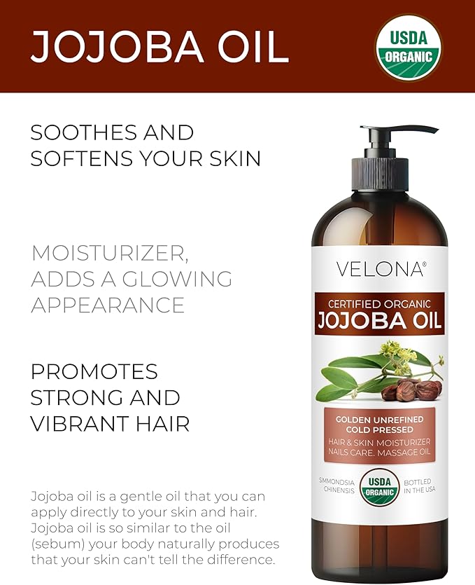 velona Jojoba Oil USDA Certified Organic - 16 fl oz (With Pump) | 100% Pure and Natural | Golden, Unrefined, Cold Pressed, Hexane Free | Moisturizing Face, Hair, Body, Skin Care-VivaGrace Women