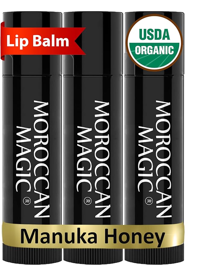 Moroccan Magic Organic Manuka Honey Lip Balm 3 Pack | Ultra-Hydrating Argan & Essential Oil Lip Moisturizer + Vitamin E | Natural Chapstick for Dry Lips | Smooth, Non-Toxic | Organic Lip Balm-VivaGrace Women
