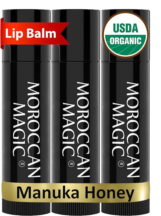 Moroccan Magic Organic Manuka Honey Lip Balm 3 Pack | Ultra-Hydrating Argan & Essential Oil Lip Moisturizer + Vitamin E | Natural Chapstick for Dry Lips | Smooth, Non-Toxic | Organic Lip Balm-VivaGrace Women