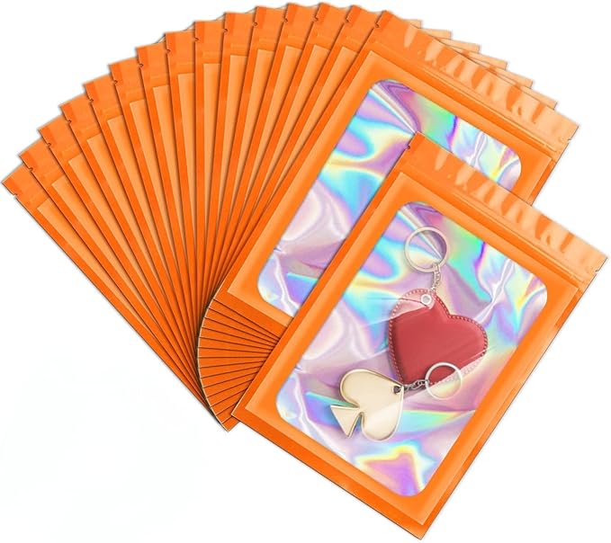 ANZNKU 100 Pcs Smell Proof Mylar Resealable Bags, Holographic Packaging Bags, Resealable Odor Foil Pouch Zip Bag with Clear Window for Food Storage and Lipgloss, Jewelry Lash (Orange, 4.7 x 7.9 Inch)-VivaGrace Women