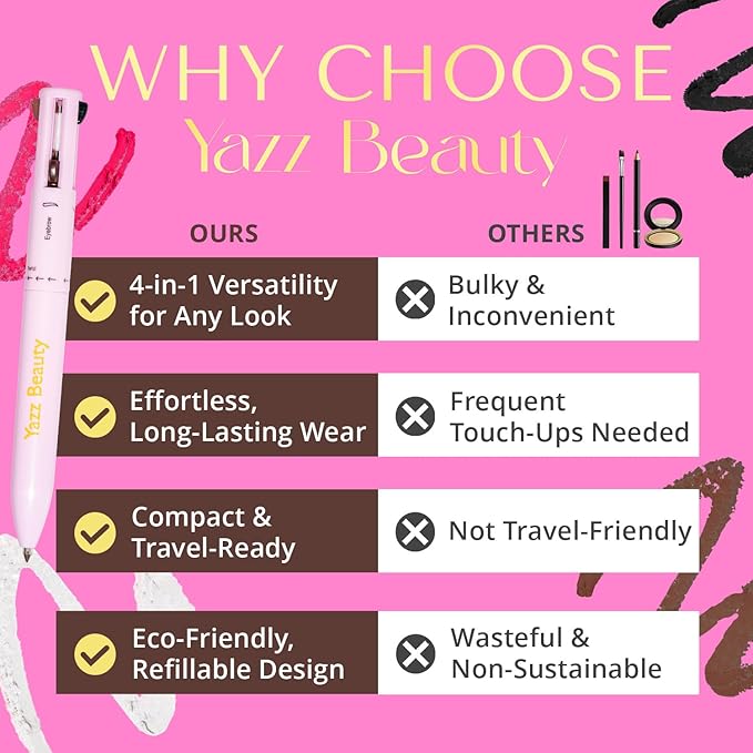 YazzBeauty - 4 in 1 Makeup Touch Up Pen with Hot Pink Lip Liner, Black Eyeliner, Dark Brown Eyebrow Pencil, and Shimmer White Highlighter, Compact Beauty Pen, Smudge Proof, Vegan, Cruelty-Free