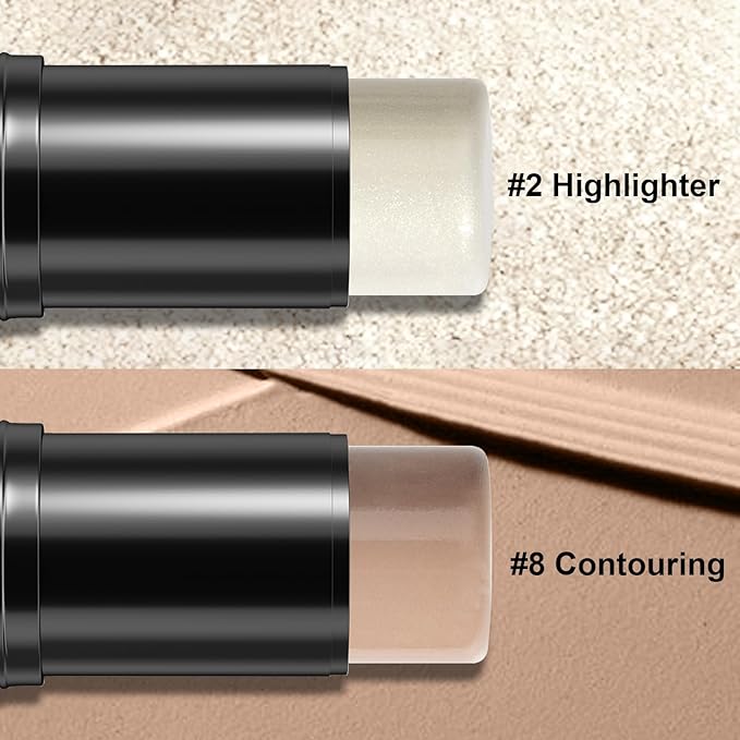 2Pcs Cream Contour Stick Makeup Kit, Cream Highlighter Stick and Bronzer Contour Stick with Longwear Waterproof Formula for Brightening and Trimming the Cheeks, Makeup Brush Include (#02, 08)-VivaGrace Women