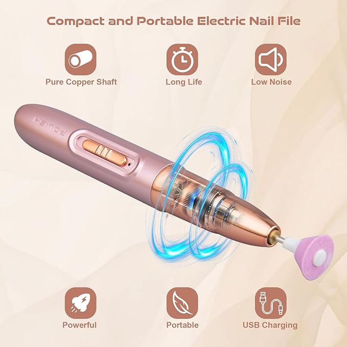 Electric Nail File ,Professional Nail Drill for Acrylic Gel Dip Powder Nails Portable Nail Machine Kit Manicure Pedicure Tools Polishing Set with Nail Drill Bits Sanding Bands (Rose Gold)-VivaGrace Women