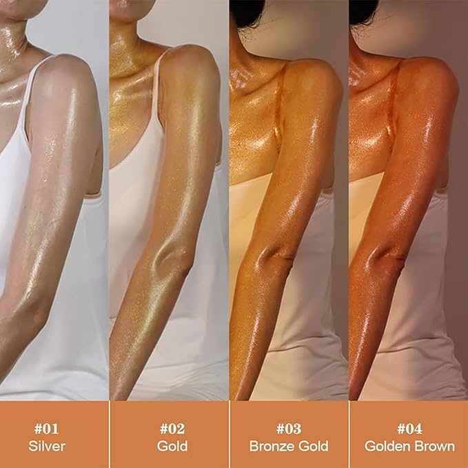Shimmer Body Oil,Face and Body Liquid Luminizer,Waterproof Moisturizing Light Shimmer Glow Illuminator,Smooth Body Shimmer,Liquid Highlighter Makeup (Golden Brown)-VivaGrace Women