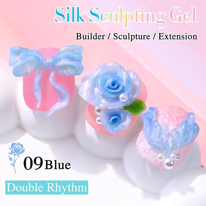 Double Rhythm 3D Nail Gel Pearl Solid Sculpting for Nail Art Non-Sticky Hard for Building Carving Molding Extension Soak Off UV/LED Salon Home DIY 0.5 Oz (Blue-Silk 09)-VivaGrace Women