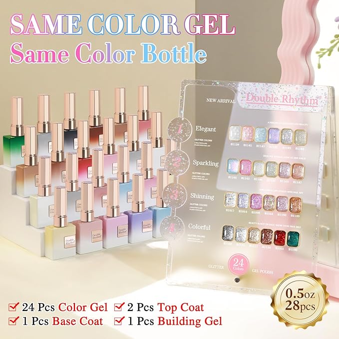 Double Rhythm 28Pcs 0.5Oz Glitter Gel Nail Polish Set Same Color Same Bottle Soak Off Gel Polish Kit Nail Art Manicure Salon DIY at Home (Sparkle Pearl Shimmer Collection-T24-9)-VivaGrace Women