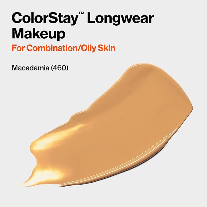 Revlon Liquid Foundation, ColorStay Face Makeup for Combination & Oily Skin, SPF 15, Medium-Full Coverage with Matte Finish, Macadamia (460), 1.0 oz-VivaGrace Women