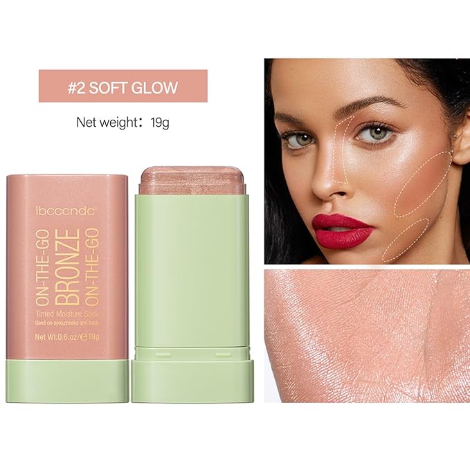 On-The-Go Bronzer Stick,Multi-Use Cream Contour Stick,Natural Long Lasting Face Bronzer,Smooth Highlighter Contour Stick,Bronze Contour Makeup Facial Shaping,02 Soft Glow-VivaGrace Women