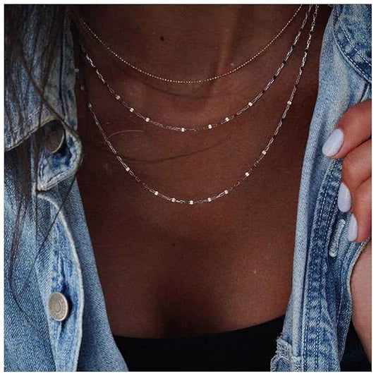 Boho Layered Necklace Choker Gold Lace Chain Necklace Shimmer Shinny Necklace Vintage Multilayer Beaded Necklace Jewelry for Women and Girls-VivaGrace Women