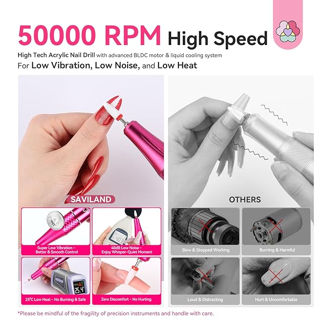 SAVILAND Electric Nail Drill 50000 RPM: Cordless Electric Nail File 10 H Battery Life Rechargeable Nail Drill Kit with Ceramic Drill Bits for Acrylic Nail Removal Ambient Light Black and Pink Ombre-VivaGrace Women