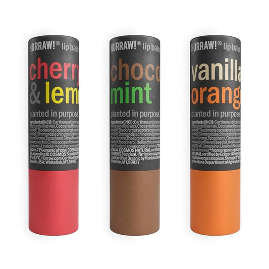 Hurraw! Cherry Lemon, Chocolate Mint & Vanilla Orange Lip Balm 3 Pack Bundle: Plastic-Free with new cardboard push-up tube. Certified Organic, Natural & Vegan. Bee, Shea, Soy & Palm Free. Made in USA-VivaGrace Women