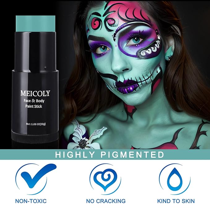 MEICOLY Teal Face Body Paint Stick(1.06 Oz),Cream Blendable Full Body Paint Stick,Peacock Face Paint,Sweatproof Waterproof Face Body Paint Makeup Based Stick for Halloween Special Effects SFX Cosplay-VivaGrace Women