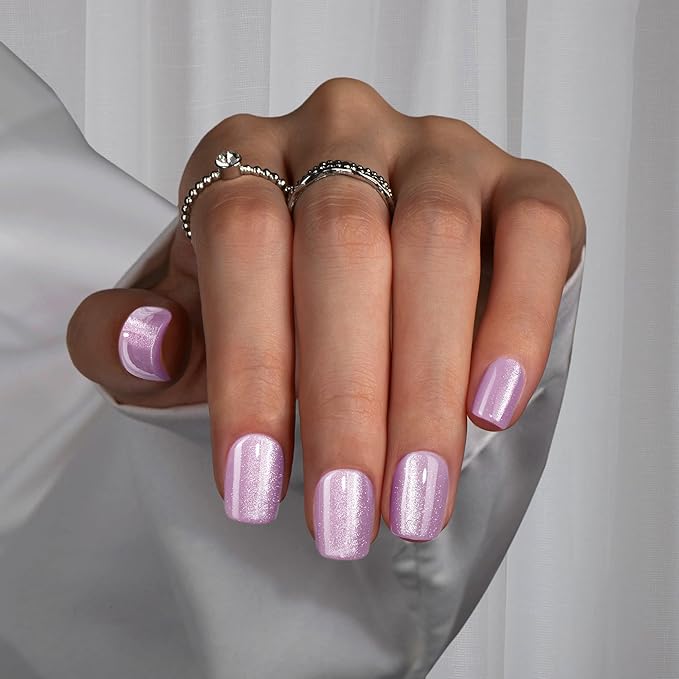 KQueenest Thick Cat Eye Gel Nails Press ons, Glitter Press on Nails Short Square, Sparkle Bling Fake Acrylic Nails Glue on Short, Shiny and Cute Small False Nails with Design Manicure 30 Pcs, Lilac