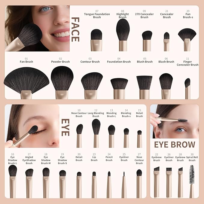 docolor Makeup Brushes Professional 30Pcs Make up Brushes Set Premium Synthetic Kabuki Foundation Blending Brush Face Powder Blush Concealers Eye Shadows Beige-VivaGrace Women