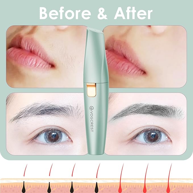 Eyebrow Facial Trimmer: 2 in1 Rechargeable Facial Hair Removal and Eyebrow Shaver - Face Lips Body Painless Facial Razor with Built-in LED Light (Pastel Green)-VivaGrace Women