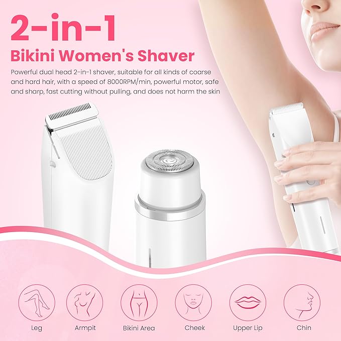 Bikini Trimmer for Women-2 in 1 Electric Razors for Women,USB Rechargeable Bikini Electric Shaver,IPX7 Waterproof Dry & Wet Use Body Hair Trimmer and Facial Hair Remover for Underarm Leg Body,White-VivaGrace Women