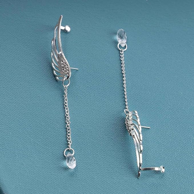 Boho Rhinestone Wing Ear Climbers Earrings Silver Crystal Drop Earring Chain Dangle Earrings Angel Wing Wrap Earrings Jewelry for Women and Girls Gifts-VivaGrace Women